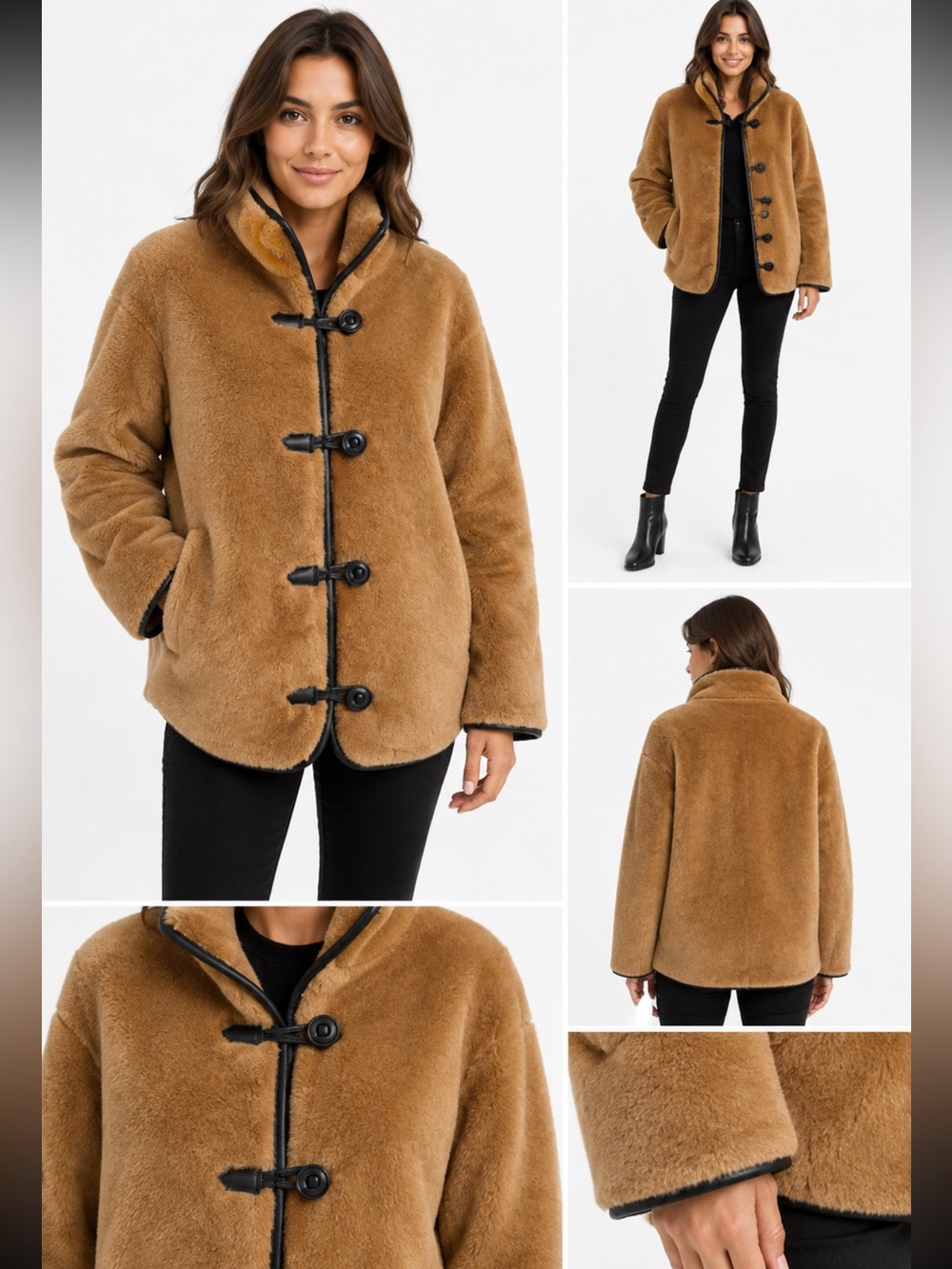 Divided Teddy faux fur Toggle Coat in Camel Brown. S